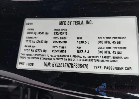 2019 Tesla Model 3 Long Range/Mid Range/Standard Range/Standard Range Plus from USA, damaged, VIN 5YJ3E1EA7KF306476